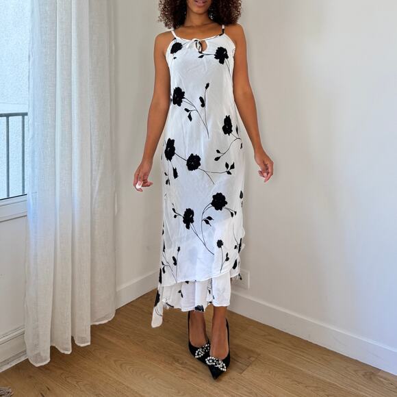 Vintage Black & White Floral Mesh Slip Dress with Keyhole Tie (S/M) - Picture 4 of 7